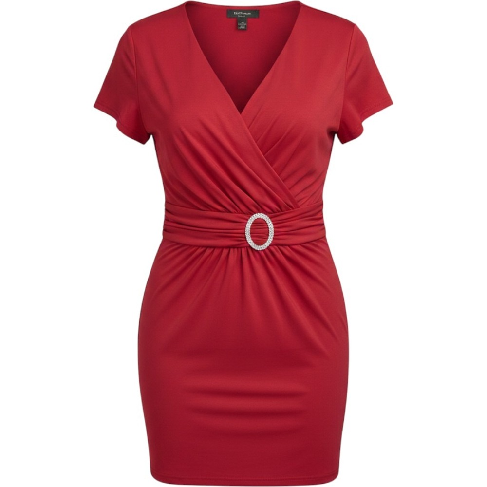 R&M Richards Faux Wrap Dress Women 16 Red Rhinestone Buckle Formal Gown Holiday